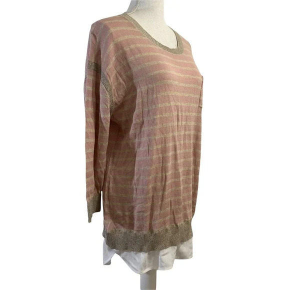 Calvin Klein Striped Sweater Pink Sparkle 3/4 Sleeve Cotton Blend Large - Picture 3 of 8